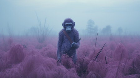 a monkey stands amidst a maze of vibrant pink flowers, creating a surreal post-apocalyptic landscape. this captivating documentary photo, rendered in cinema4d, showcases inventive character designs and monochromatic hues. the misty atmosphere adds an ethereal touch to the color field explorations, resulting in a visually stunning composition. ai generatedの素材