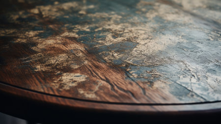 polished wooden table top in bright sunlight, featuring a dark sky-blue and bronze color scheme. the edges are torn and distressed, giving it a unique and rustic look. the table top is made of leatherhide and has a rounded shape. this photograph showcases the technique of focus stacking and is reminiscent of the style of valentin de boulogne, a renowned hard edge painter. ai generatedの素材