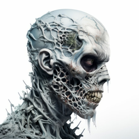 a hyper-detailed rendering of a bone and wire head sculpture, created in the style of realistic art. this eerie artwork, made of mist, dark silver, and light cyan, showcases meticulous linework precision. the intricate design incorporates elements of vines, giving it a unique zombiecore aesthetic. captured with the tokina at-x 11-16mm f/2.8 pro dx ii lens. ai generatedの素材