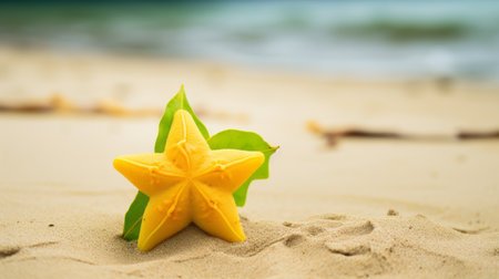 a star-shaped object rests on the sandy beach, framed by two vibrant leaves. the photo showcases a tropical theme with its light yellow and light emerald colors. it captures the essence of beach portraits, elaborate fruit arrangements, adorable toy sculptures, and serene seascapes. this captivating image has won a contest. ai generatedの素材