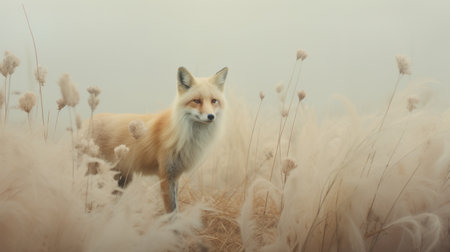 a fox stands in a foggy field, showcasing the exquisite fur and feather textures. this uhd image captures the essence of jessica rossier's style, with a play of light gold and light crimson hues. the soft-focus technique adds a touch of enchantment, reminiscent of the works of charles willson peale and serge marshennikov. ai generatedの素材