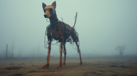 a large abstract dog sculpture, resembling destroyed gadgets, stands in the middle of a foggy field. this hyper-realistic artwork showcases intricate details and is made from recycled materials. with its fawncore style and sculpted rusty debris, this inventive character design captures attention and sparks curiosity. ai generatedの素材