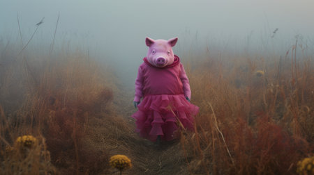 a magenta costumed pig stands in a foggy field, creating an avant-garde portrait. this conceptual installation art captures the essence of chaotic environments and otherworldly paintings. the soft, dreamy scene is enhanced by the misty atmosphere, adding an ethereal touch to the image. ai generatedの素材