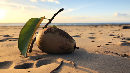 a coconut rests on the sandy beach, accompanied by a vibrant leaf, in this nature stock image. rendered in the style of unreal engine, the photo captures the essence of avocadopunk and documentary travel photography. the contrasting colors of dark amber and sky-blue create a visually striking composition. the image also incorporates elements of ssaku hanga, organic shapes, lines, and a touch of pigeoncore aesthetic.の素材