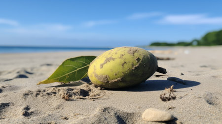 a brown tropical fruit, avocadopunk, is placed on a sandy beach, surrounded by a light sky-blue and light green background. the photo is captured in the style of rubn maya, rollei prego 90, and kaja foglio, reminiscent of the works of salvator rosa. ai generatedの素材