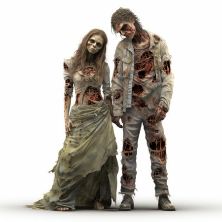 zombie woman in a dress and zombie man holding a cross depicted in a photorealistic rendering style. the figures are isolated, created using daz3d software. the scene features crumpled textures, yankeecore elements, and a group material. the color palette consists of white and brown tones. ai generatedの素材