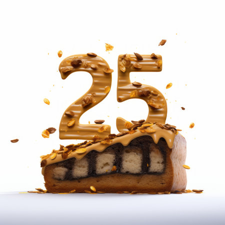 two slices of cake, with distinctive typography, float in the air. the cake slices are light brown and have a numerical complexity design. the image was created using zbrush software and captured with a 35mm lens. the cake slices are depicted in a punctuated caricature style, resembling marble. ai generatedの素材