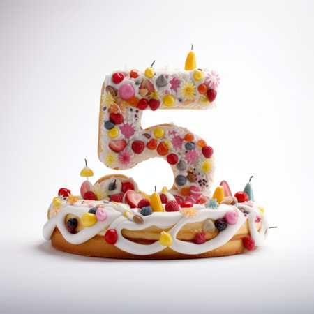 a cake adorned with five cookies and candies, reminiscent of the artistic styles of mike campau, numerical complexity, mandy disher, berrypunk, joyful celebration of nature, shozo shimamoto, dutch, and flemish. ai generatedの素材