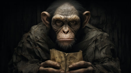 a hyper-realistic portrait of a planet of the apes monkey holding a book. this photograph showcases the incredible talent of a portraitist extraordinaire, capturing the monkey's features with photographically detailed precision. the darktable processing enhances the dark and mysterious atmosphere, while the high resolution allows for a closer look at the creased pages of the book. ai generatedの素材