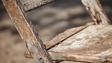 wooden chair sitting on dirt, featuring threadbare abstractions in the style of camille corot. this macro zoom, matte photo captures the chair's gray and brown tones, highlighting the frequent use of diagonals. shot with a rodenstock imagon 300mm f58 lens. ai generatedの素材