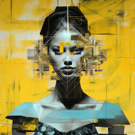 the photograph showcases a woman's artwork, featuring a cubist geometric fragmentation style. the piece is characterized by dark yellow and light cyan tones, creating an aggressive digital illustration. the artwork displays realistic hyper-detailed portraits, incorporating industrial fragments. this fusion of fashion illustration and classical proportions creates a visually captivating composition. ai generatedの素材