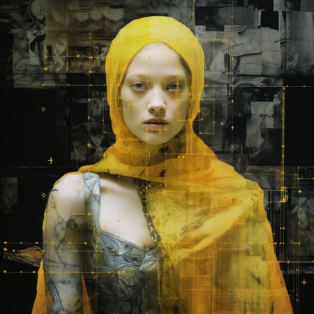 medieval art by mario sorrenti showcases contrasting geometries, mixed media art, distressed color photocopy, polished metamorphosis, and a glowing citrine pearlescent effect. this captivating artwork combines various elements to create a visually striking and unique composition. ai generatedの素材