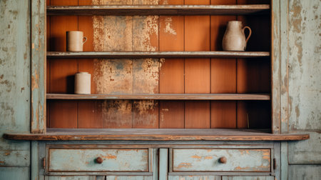 wooden wall-like shelf against an old door, featuring a light teal and orange color scheme. this tabletop photograph showcases primitive influences with selective focus on dusty piles. the anglocore aesthetic is evident in the bold structural designs of the shelf. ai generatedの素材