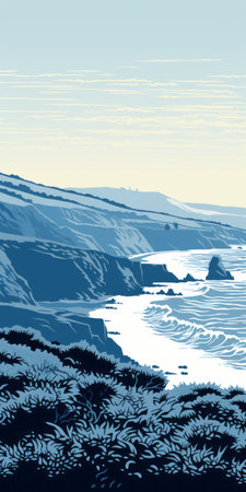 a vintage-style poster design featuring a blue seaside scene with waves crashing against rocks. this artwork showcases elements of bay area figurative art and trace monotone techniques. created by an architectural illustrator, the low-resolution image captures expansive landscapes with detailed shading. ai generatedの素材