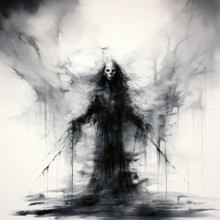a drawing of a human spirit adorned with two knife blades, showcasing ethereal brushstrokes. this gothic, dark, and moody artwork features monumental figures and supernatural creatures. the speedpainting technique adds a sense of movement, while the high level of detail captures the essence of mote kei aesthetics. ai generatedの素材