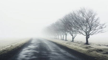 a small foggy country road, reminiscent of scottish landscapes, is captured in this uhd image by brian mashburn. the cold and detached atmosphere adds to the gravity-defying landscapes, showcasing the british topographical beauty. the soft atmospheric perspective enhances the ethereal feel of this captivating scene. ai generatedの素材