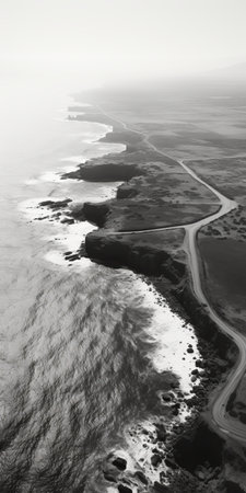 aerial view of the carnation coast road captured in a striking black and white photograph. the image showcases the naturalistic ocean waves, skillful play of light and shadow, and the majestic ports along the road. the eroded interiors and fluid, organic forms add a touch of americana iconography to this captivating scene. ai generatedの素材
