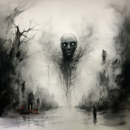 a black and white drawing featuring people and a deceased demon, reminiscent of atmospheric landscape paintings. the artwork showcases depth of field and incorporates elements of industrial paintings. the use of dark, foreboding colors and dripping paint adds to the eerie atmosphere. the composition is visually captivating, with a wandering eye and intricate wire detailing. ai generatedの素材