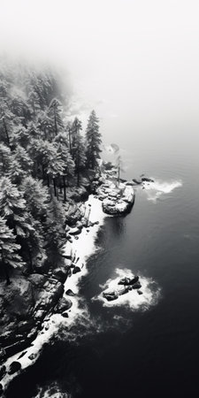 icebergs on a foggy day captured in a black and white photograph. this aerial view showcases the mesmerizing beauty of nature, blending elements of forestpunk, american tonalism, and atmospheric light and shadow. the image exudes a sense of tranquility and mystery, reminiscent of romantic riverscapes. with photorealistic detail and the influence of new american color photography, this picture is a captivating visual experience. ai generatedの素材