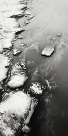 aerial shot of snowy surface during a snowstorm in northern canada. this black and white photo captures the surreal still life compositions of organic stone carvings. the calm waters and new york city subject matter add to the site-specific installation. symbolic still lifes are beautifully depicted in this captivating image. ai generatedの素材
