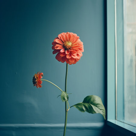 a captivating flowerpunk-inspired large window on a blue wall, featuring emotional imagery with a contrasting balance of dark green and orange. the soft focus lens adds an inspirational touch, creating a mesmerizing display of flower power. ai generatedの素材