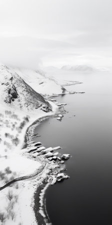 a birds eye view of a snow covered body of water, capturing the essence of norwegian nature and coastal scenes. the photograph showcases photographically detailed portraitures in a monochrome style, with a pale palette reminiscent of italian landscapes. the coastal scenery is beautifully depicted, creating a captivating visual experience. ai generatedの素材