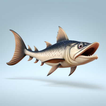 a fish swimming in a cartoon-realism style is depicted against a light background. the fish has a strong facial expression and is surrounded by sky-blue and beige colors. the illustration resembles historical artwork from the upper paleolithic era, with a touch of caninecore aesthetic and the modern touch of rtx technology. ai generatedの素材