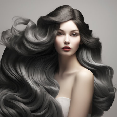 a stunning brunette woman with long grey hair, resembling the artistic style of erik jones, showcases organic contours and a glossy finish. this captivating image features anastasiya dobrovolskaya, a contest winner, beautifully embodying the imitated material of charles victor thirion. ai generatedの素材