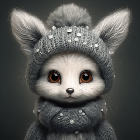a cute fox wearing a winter coat and hat is depicted in this photorealistic surrealism artwork. created using zbrush and digital art techniques, the piece showcases delicate shading and meticulous detail. the fox's attire adds a touch of bunnycore aesthetic to the overall composition, with a gray color palette enhancing its charm. ai generatedの素材