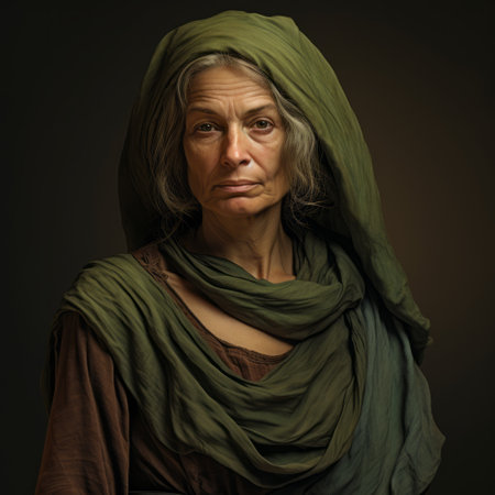 a woman wearing green is portrayed in this dramatic and somber religious artwork. the contemporary take on medieval art is evident in the terracotta color palette and the slumped and draped posture of the subject. the hyperrealistic illustrations showcase intricate details, including creased, crinkled, and wrinkled features. ai generatedの素材