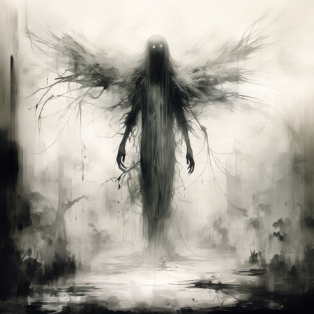 a black and white illustration of a creature with large wings, resembling the style of jarek kubicki. the ethereal and ghostly figures are depicted in a speedpainting technique, reminiscent of alex maleev's work. the dark and foreboding colors used by evgeni gordiets add to the apocalyptic atmosphere of the image. ai generatedの素材