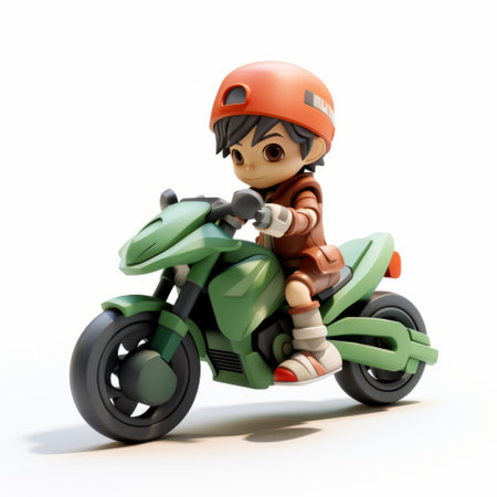a boy, wearing an orange ball cap, sits on a green bike in a charming anime style. this zbrush-created sculpture showcases the influence of japanese art, with isolated figures and adorable toy-like features. inspired by the works of shuzo oshimi, the dynamic action scene captures the essence of youthful energy. ai generatedの素材