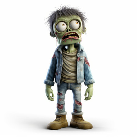a 3d illustration of a cartoon-like character zombie, showcasing realistic and hyper-detailed renderings. this grandparentcore style image captures suburban ennui, reminiscent of an associated press photo. the uhd image with xbox 360 graphics brings this unique character to life. ai generatedの素材