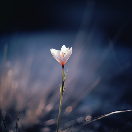 a white flower gracefully emerges from the tall grass, reminiscent of mikko lagerstedt's photography style. the dark navy and light magenta hues add a touch of mystery, reminiscent of nicolas poussin's paintings. the soft-focus technique creates a dreamlike atmosphere, while the light silver and orange tones enhance the ethereal beauty. this captivating image captures the patience of a saint and the art of light-focused photography.の素材