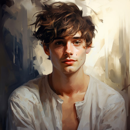 a young boy gazes directly at the camera in this digital illustration painting, reminiscent of the styles of charlie bowater, lewis morley, and serge marshennikov. the artwork showcases romantic illustration techniques and skillful use of digital art to create a light-filled composition. ai generatedの素材