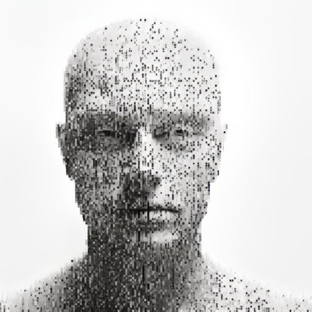 a man's head, created using thousands of different objects, showcases the pointillist dot style. the monochrome toning adds depth to this algorithmic artwork, captured in a high-definition image. the emotive body language and strong facial expression make this associated press photo captivating. ai generatedの素材