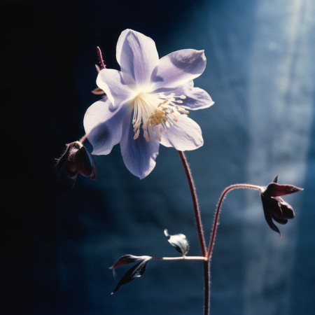 a blooming flower with dark leaves outside, captured in the style of graflex speed graphic, showcases luminous shadows. this national geographic photo draws inspiration from the works of rogier van der weyden. the image features a combination of light white and light magenta hues, contrasting with dark white and sky-blue tones. shot using a pentax 645n camera. ai generatedの素材
