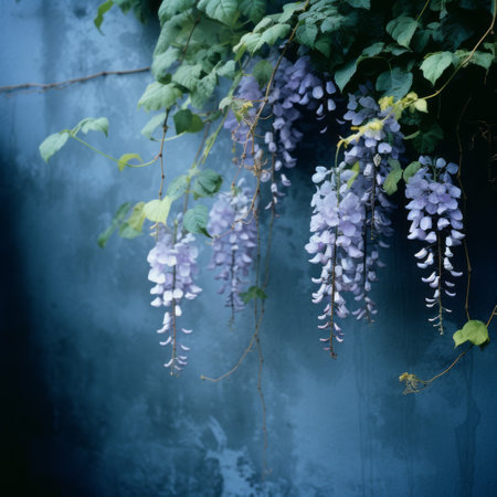 a blurry analog photograph captures the essence of a single wisteria against a dark blue wall. the image exudes an analog vibe with its film grain and soft natural evening light. ai generatedの素材