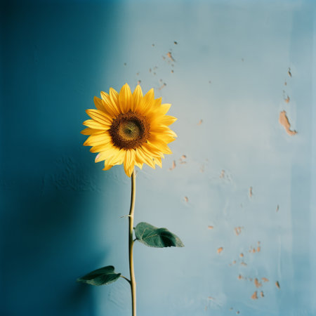 a blurry analog photograph captures the essence of a single sunflower against a dark blue wall. the image exudes an analog vibe with its film grain texture, while the soft natural evening light adds a touch of warmth and tranquility. ai generatedの素材