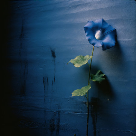 blue flower on a blue wall, captured with a graflex speed graphic camera. this surrealistic installation, inspired by mori kei and moody still lifes, showcases the artistic vision of an environmental installation artist. the tokina opera 50mm f/1.4 ff lens beautifully captures the absence of color, creating a captivating and ethereal composition. ai generatedの素材