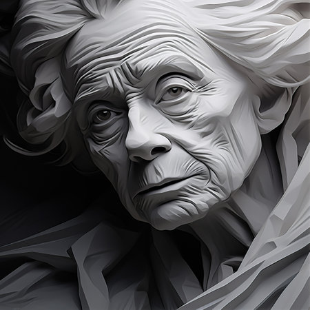 an old lady with glasses is depicted in this zbrush-style artwork. the monochromatic white figures on her back resemble faces and hair, creating a unique and intriguing visual effect. the artist's masterful shading techniques bring out the creased, crinkled, and wrinkled details of the lady's appearance. the swirling vortexes add an element of dynamism to the composition, while celebrity portraits are skillfully carved into theの素材