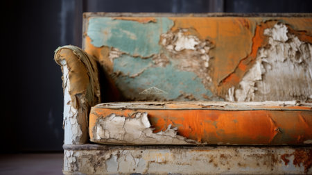 the decrepit armchair, in a style reminiscent of lisa holloway's light orange and teal color palette, sits on the edge of a doorway. this distressed piece, restored and repurposed by an abstract colorist sculptor, showcases the artist's expertise in creating textural portraits with a touch of manapunk aesthetic. ai generatedの素材