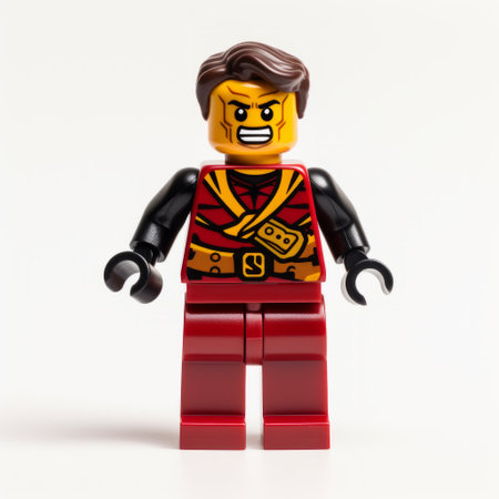 a lego villain with a red costume, in the style of dark bronze and gold, is captured in this image. the genderless character showcases detailed expressions, resembling a piratepunk aesthetic. influenced by ancient chinese art and comic book-like in appearance, this photograph was taken using a nikon d850. ai generatedの素材