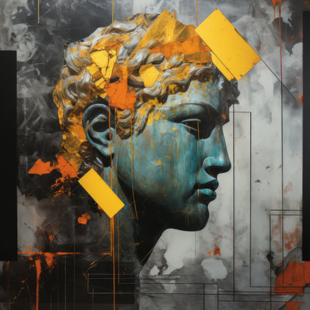 a gold and blue portrait of a god sitting by the water, framed by a black square. this artwork showcases elements of monumental sculptures, with hints of orange and gray industrial fragments. the hyperrealistic murals and detailed facial features give it a neoclassical touch, while the spray painted style adds a modern twist. ai generatedの素材