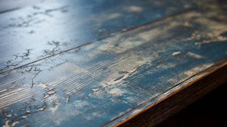 hawaiian reclaimed antique mahogany trestle hightop coffee table with a greyed paint finish. this contemporary diy piece showcases a shallow depth of field, highlighting its dark sky-blue color. the table's detail-oriented design features scratched surfaces and layers of paint, adding to its raw authenticity. ai generatedの素材