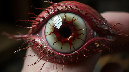 a red and hairy eye is showcased on a model of a person's hands, featuring detailed and macabre elements. this photorealistic, lovecraftian-inspired image captures the realistic forms in ultra-high definition. shot on 70mm, this commissioned artwork is a captivating blend of horror and precision. ai generatedの素材