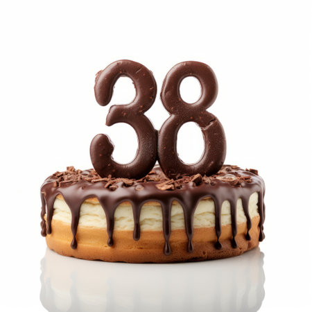 a chocolate donut with the number 38, dipped in chocolate, showcases layered illusions in this photo. the donut, reminiscent of grandparentcore aesthetics, is made of cheese and has an 18th-century vibe. the image captures the artistic influence of tim holtz and serves as a critique of consumer culture. ai generatedの素材