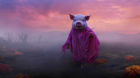 a magenta costumed pig stands in a foggy field, creating an avant-garde portrait. this conceptual installation art captures the essence of chaotic environments and otherworldly paintings. the soft, dreamy scene is enhanced by the misty atmosphere, adding an ethereal touch to the image. ai generatedの素材