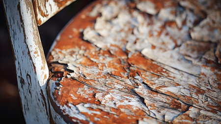 distressed wood chair captured in a close-up macro photograph, showcasing its dark white and light orange hues. the intensity of the shot is enhanced by the circular abstraction, achieved with a canon ef 85mm f/1.2l ii usm lens. this captivating image was taken using a nikon d750, resulting in a mesmerizing combination of light cyan and dark amber tones. ai generatedの素材