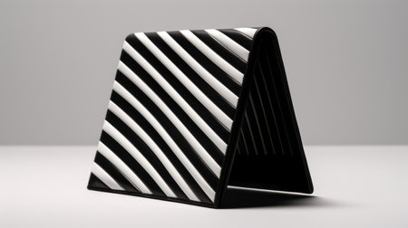 a black and white striped wallet featuring a unique symmetrical asymmetry design. this wallet showcases the artistry of hard surface modeling and scanner photography, with wavy resin sheets adding a touch of creativity. softbox lighting highlights the contrasting shadows, enhancing the overall aesthetic appeal of the wallet's asymmetric designs. ai generatedの素材